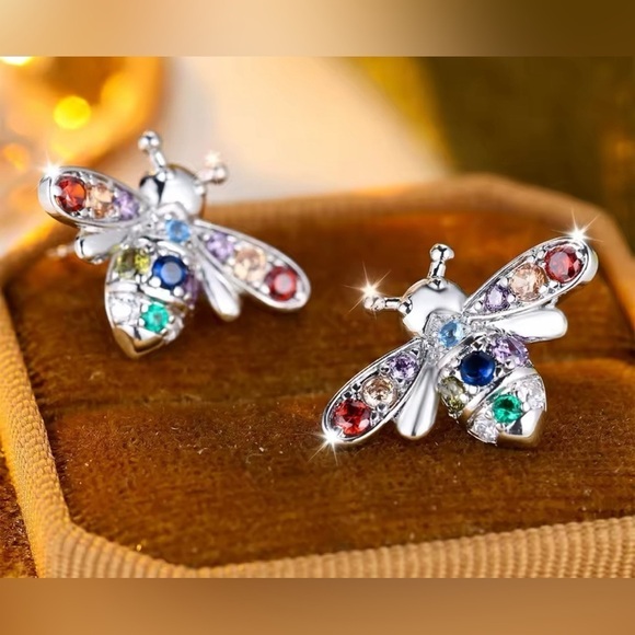 925 Sterling Silver Bohemian Rainbow Zircon Bumblebee Honey Bee Stud Earrings - Picture 4 of 6